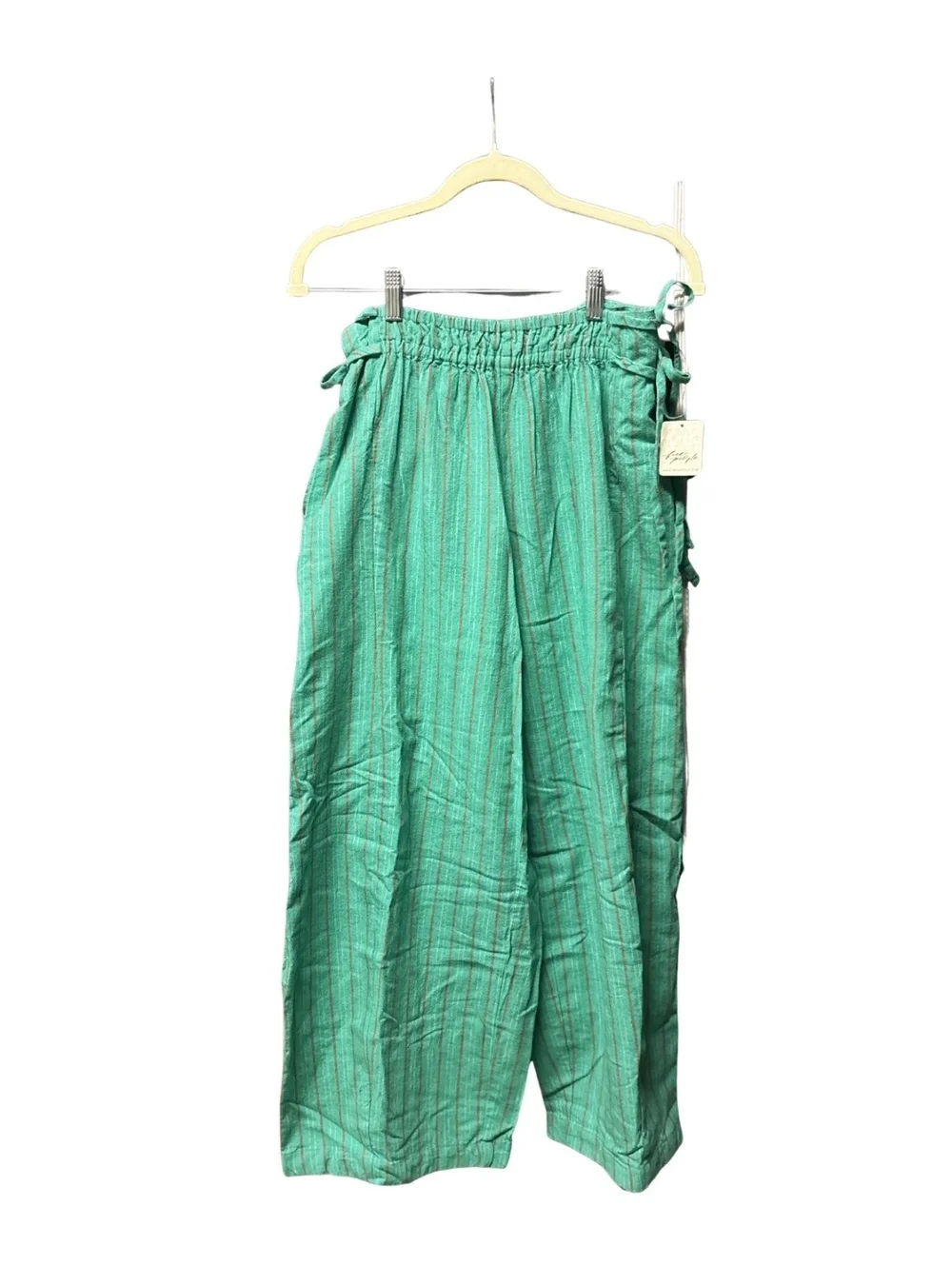 Free People Sun Dazed Cotton-Linen Striped Pants in Kelly Combo • Size S